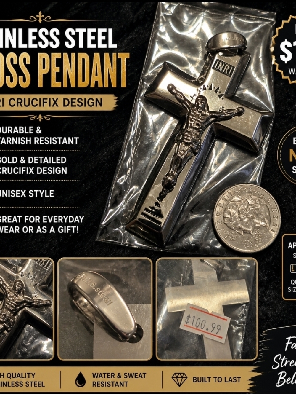 Stainless Steel Cross Pendant (INRI) – New